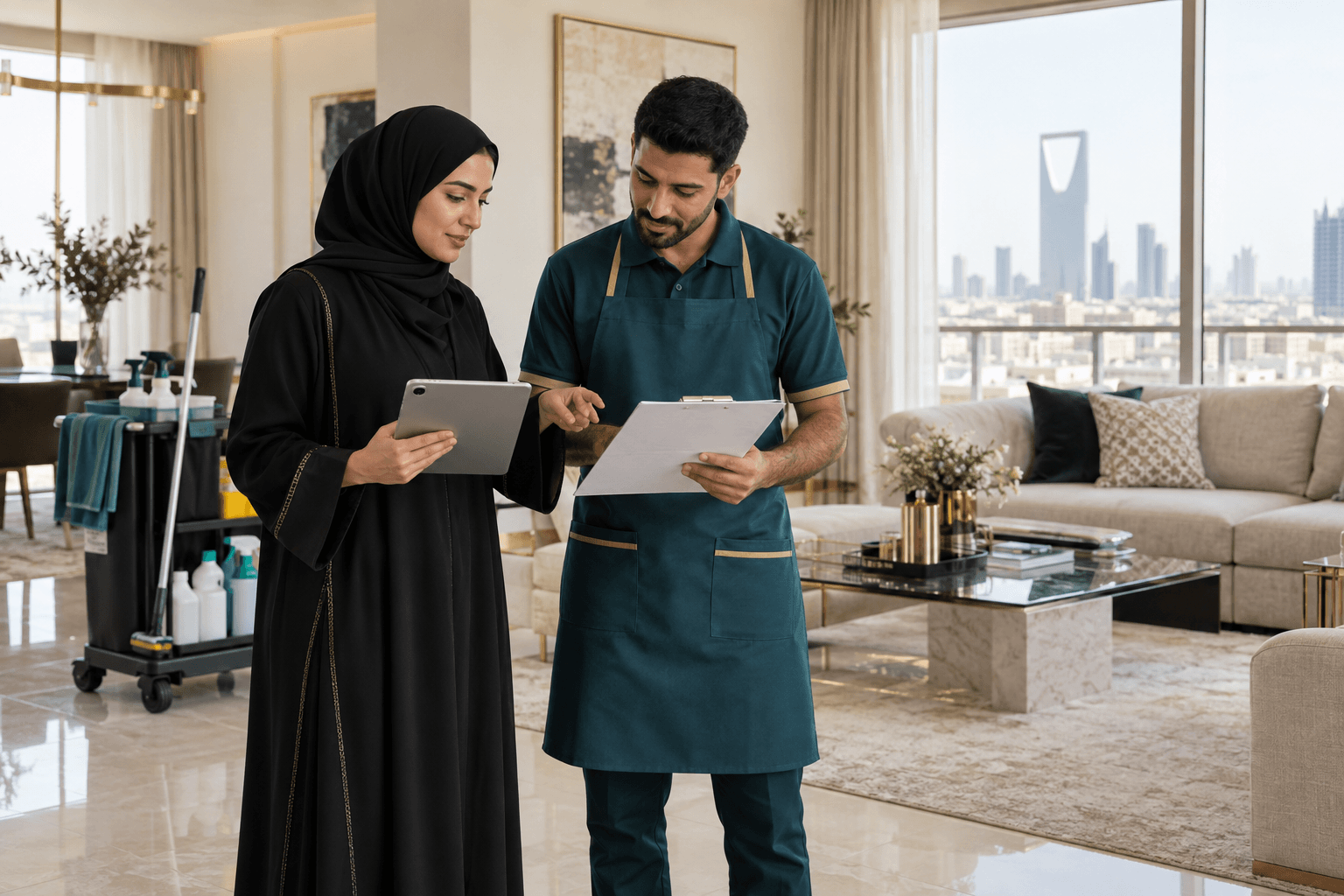 مراجعة عرض أسعار شركة تنظيف منازل بالرياض مع منسق الخدمة داخل منزل حديث