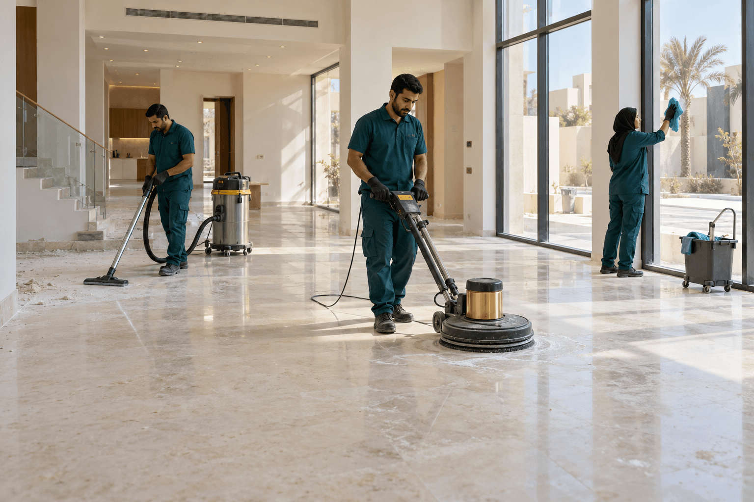 فريق تنظيف المنازل بعد البناء بالرياض يزيل غبار التشطيب من فيلا جديدة